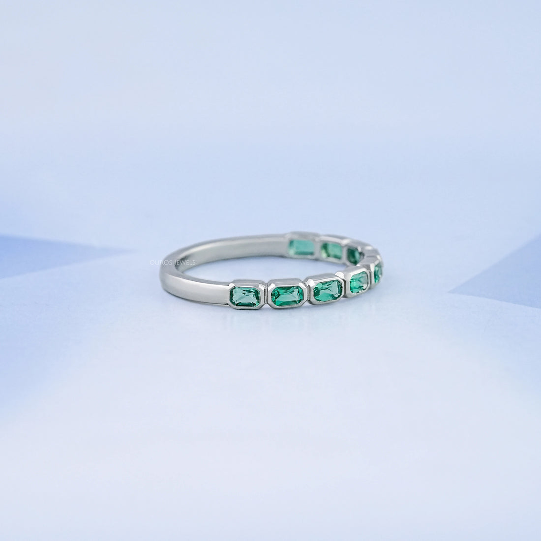 East West Green Radiant Gemstone Half Eternity Band Rings