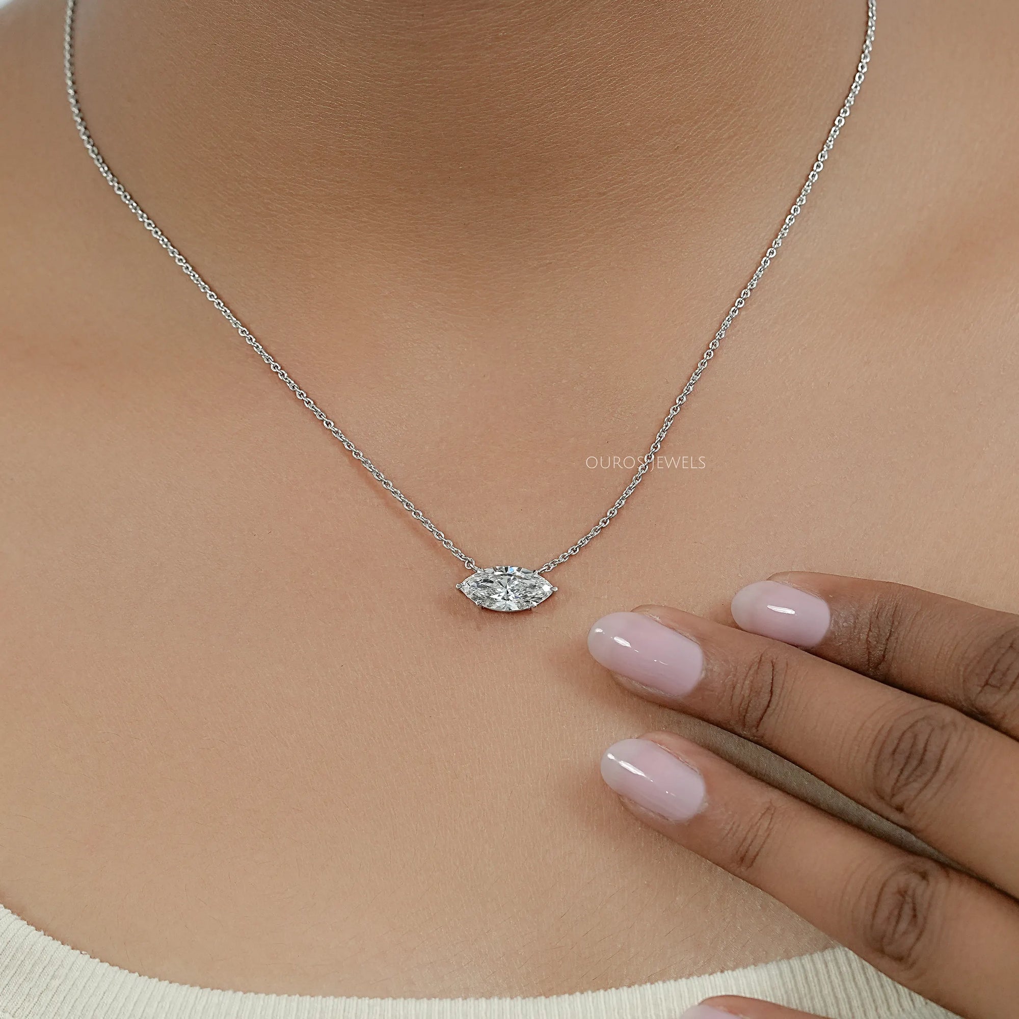 East West Marquise Diamond Bezel Set Pendant Necklace 
