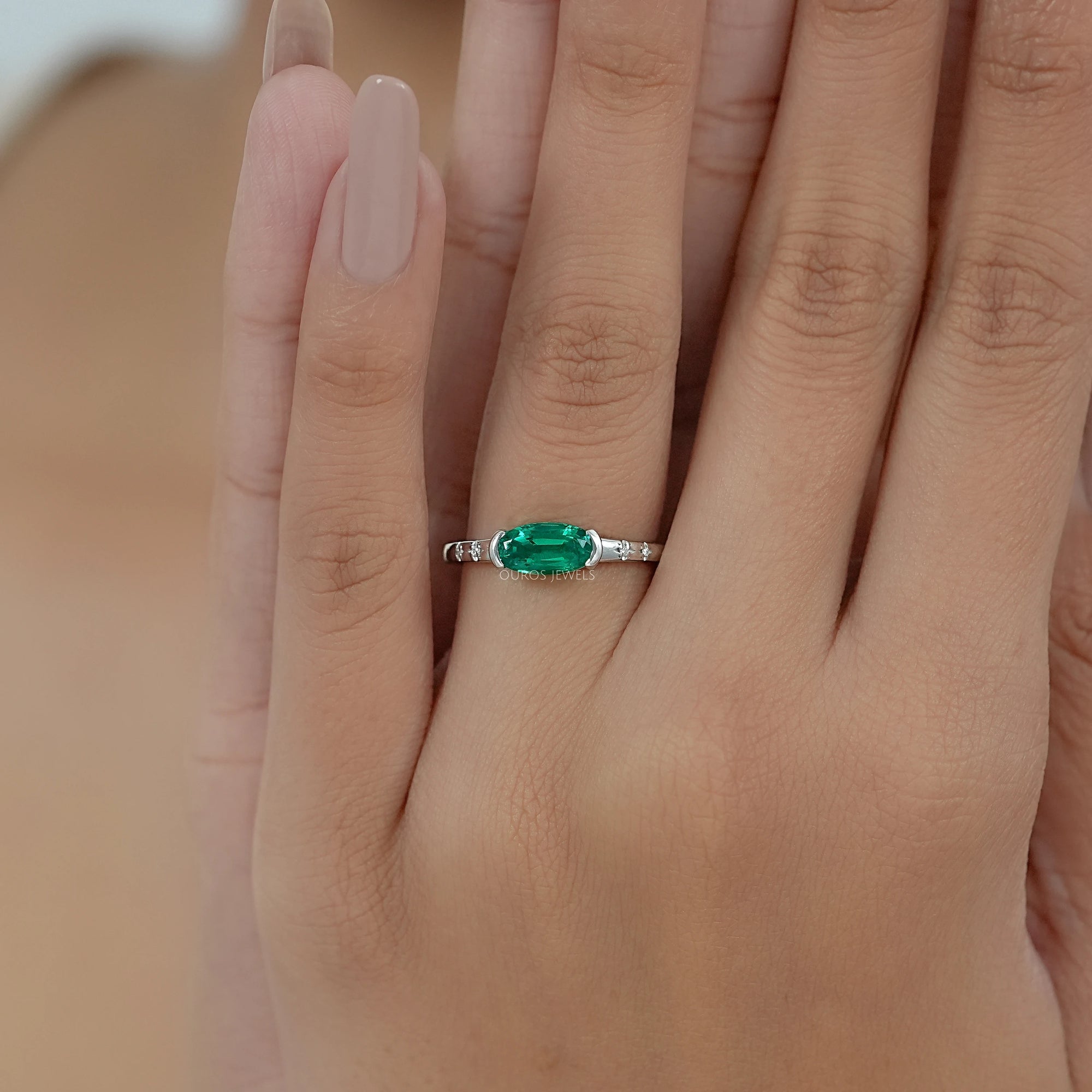 Green East West Oval Gemstone Accent Engagement Ring