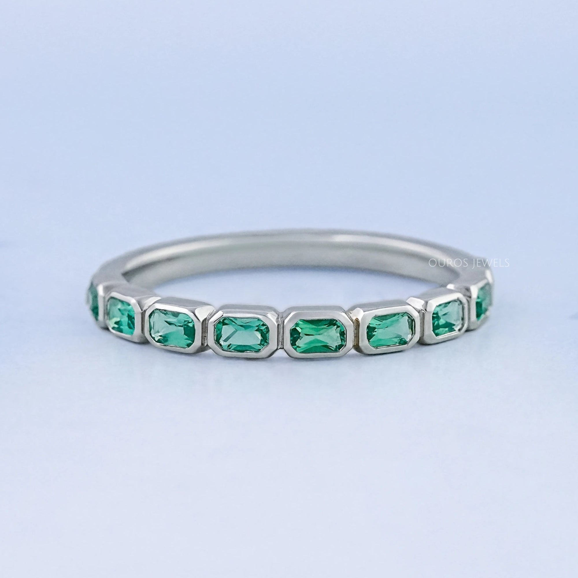 East West Green Radiant Gemstone Half Eternity Band Rings