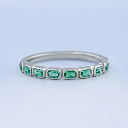 East West Green Radiant Gemstone Half Eternity Band Rings