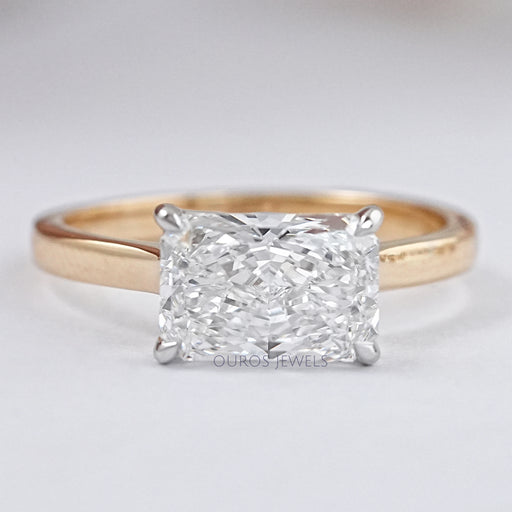 front view of east west radiant cut diamond solitaire wedding ring