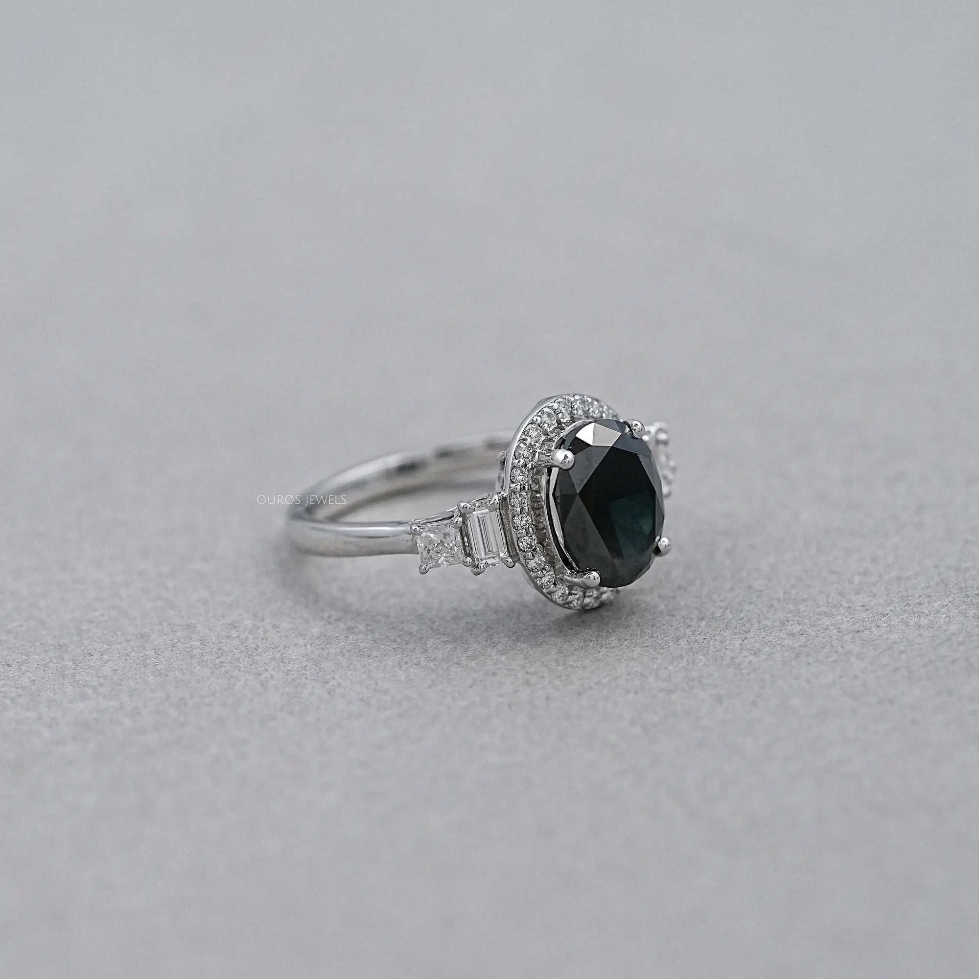 Black Oval Cut Halo With Accent Diamond Ring Rings