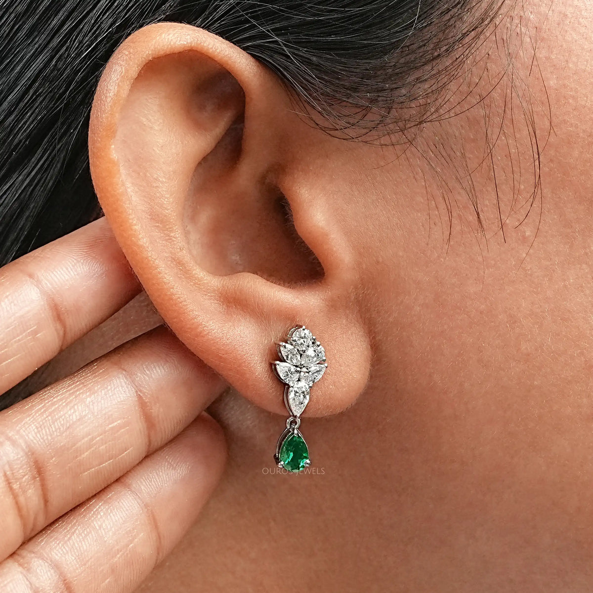 Green Emerald And Pear Diamond Cluster Earrings
