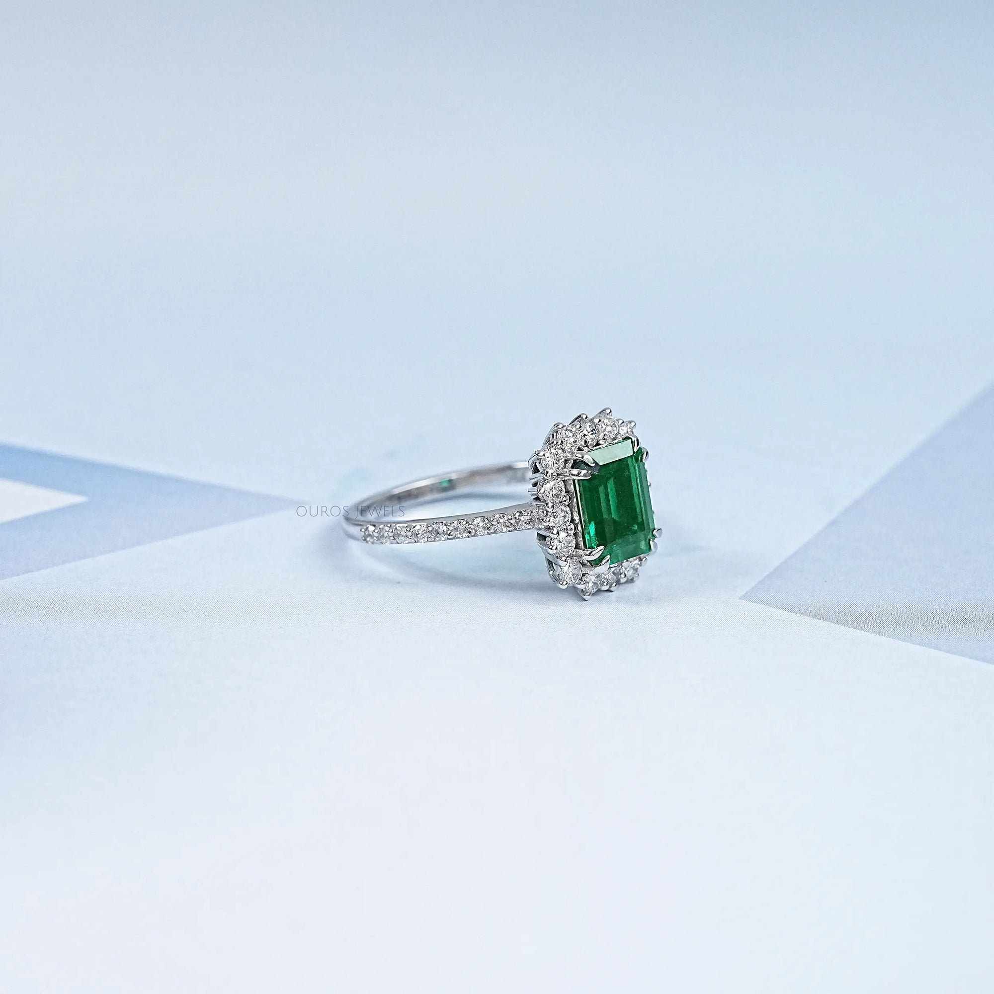 Halo With Accent Diamond Green Emerald Gemstone Ring Rings