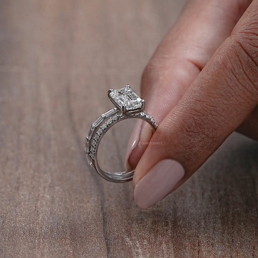 side view of emerald cut lab diamond wedding ring set with white gold band