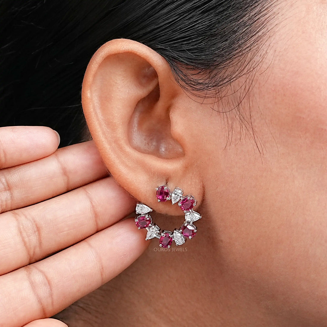 Ruby Oval And Pear Diamond Earrings