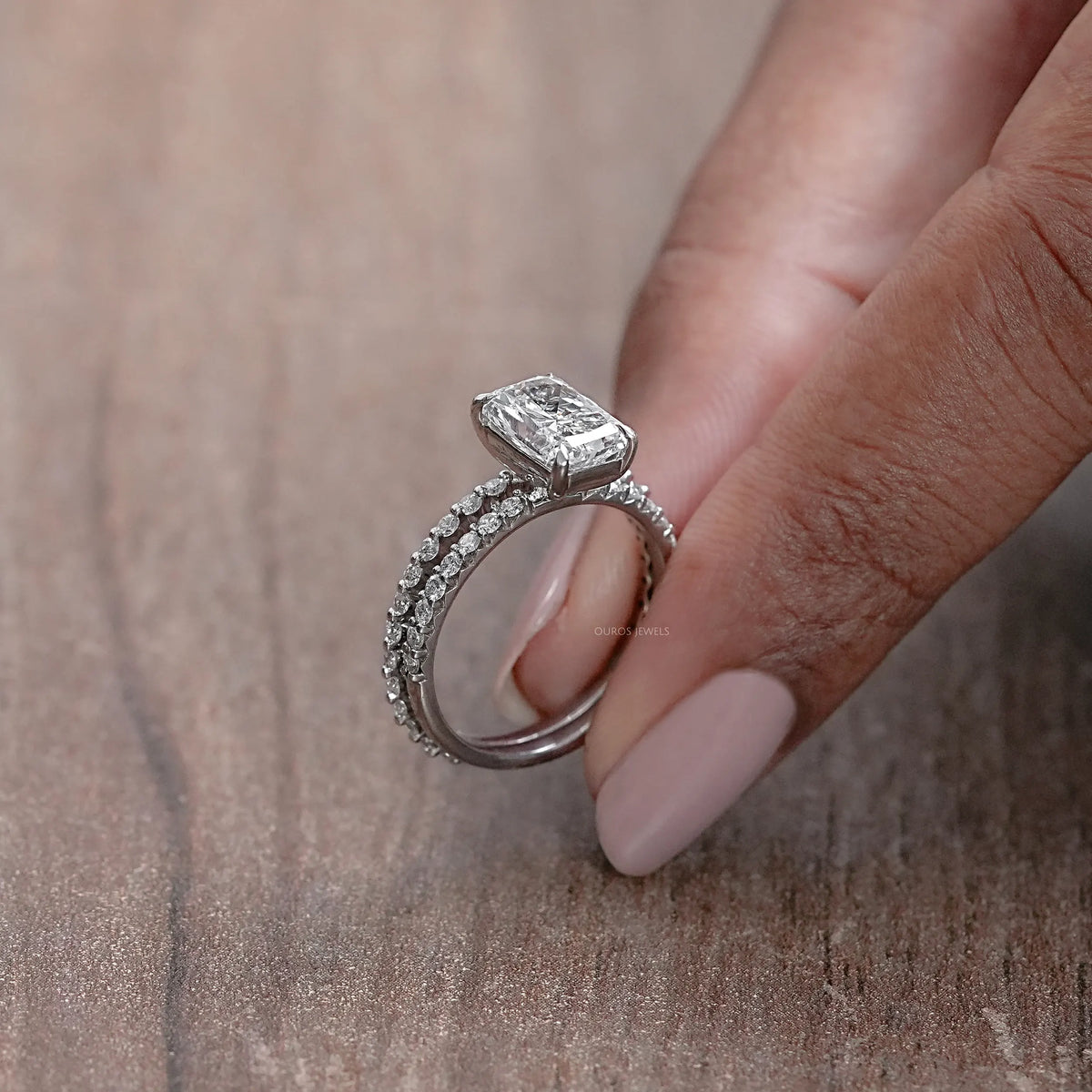 Radiant Cut Solitaire Accent Bridal Ring Set Rings