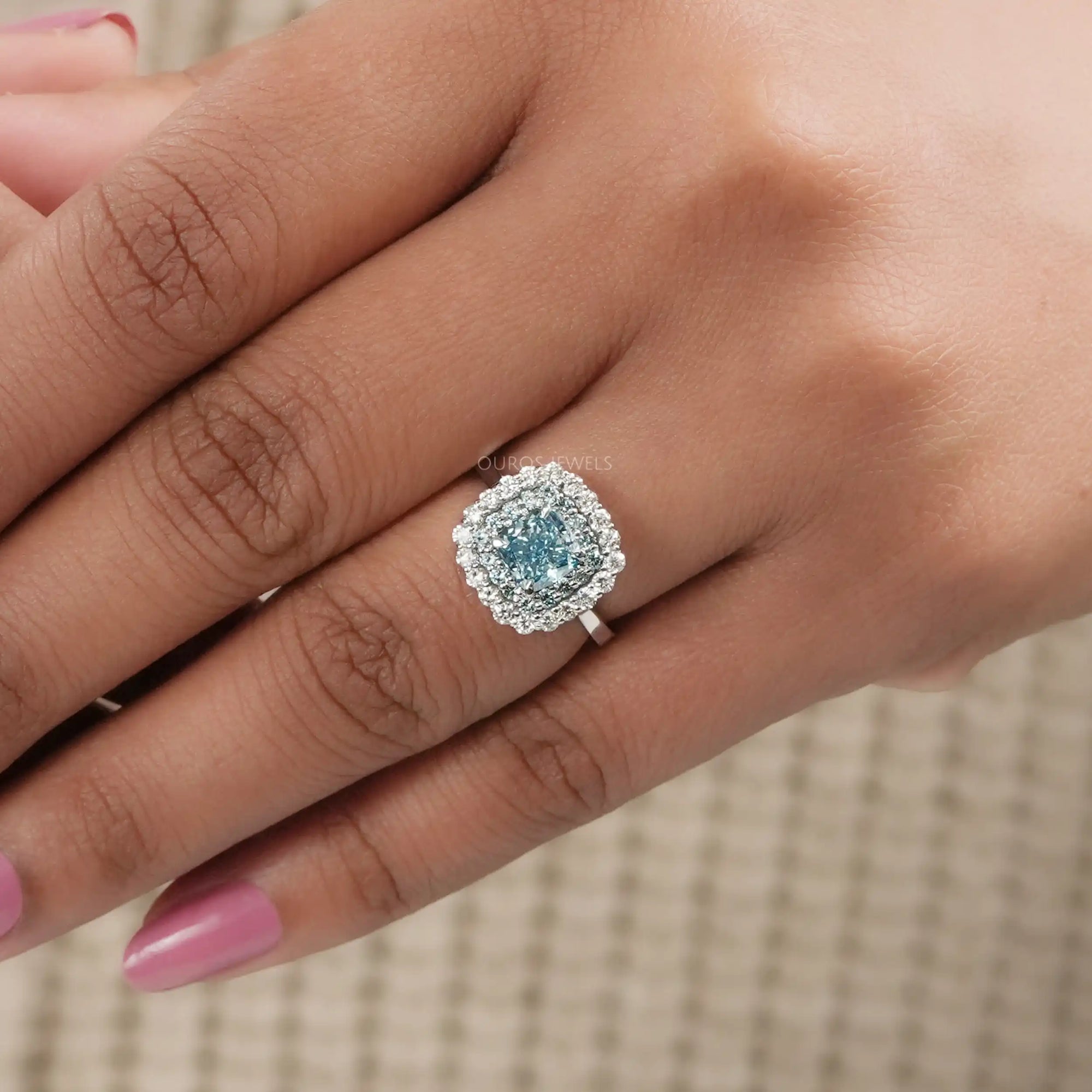 Fancy Blue Cushion Cut Double Halo Lab Diamond Ring Rings