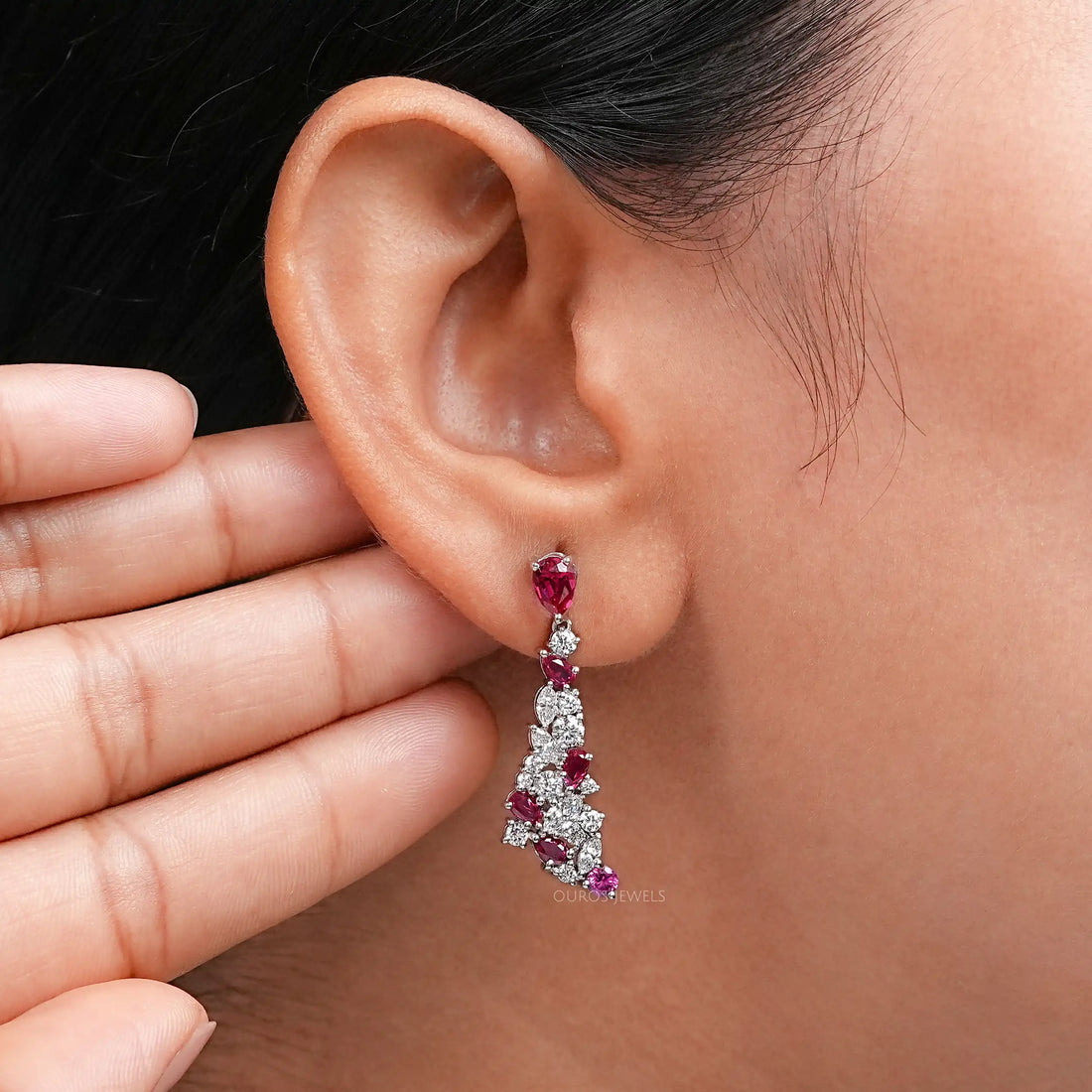 Red Ruby Pear Cut Gemstone Cluster Dangle Earrings Earring