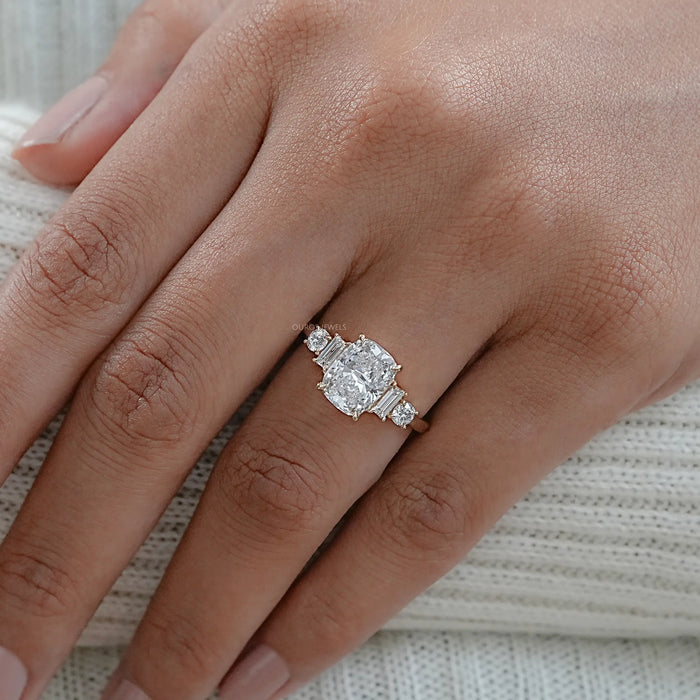 Elongated Cushion And Baguette Diamond Five Stone Engagement Ring