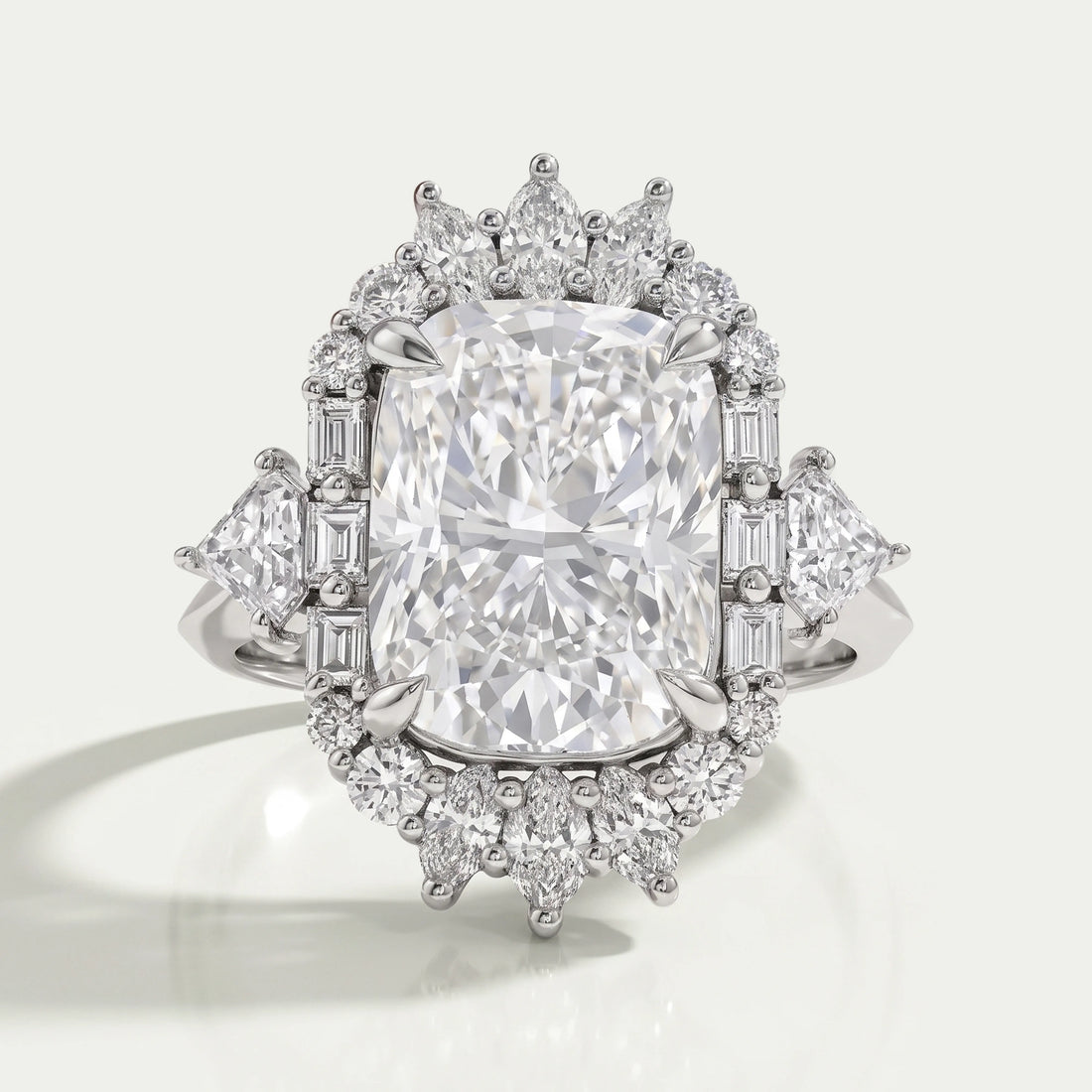 Elongated Cushion Halo Diamond With Baguette & Round Engagement Ring Rings