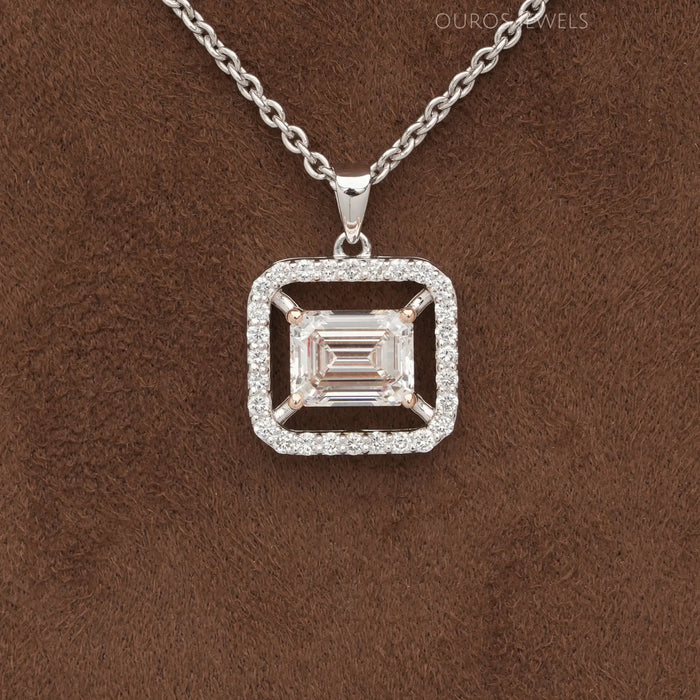 Emerald Cut Man Made Diamond Halo Pendant