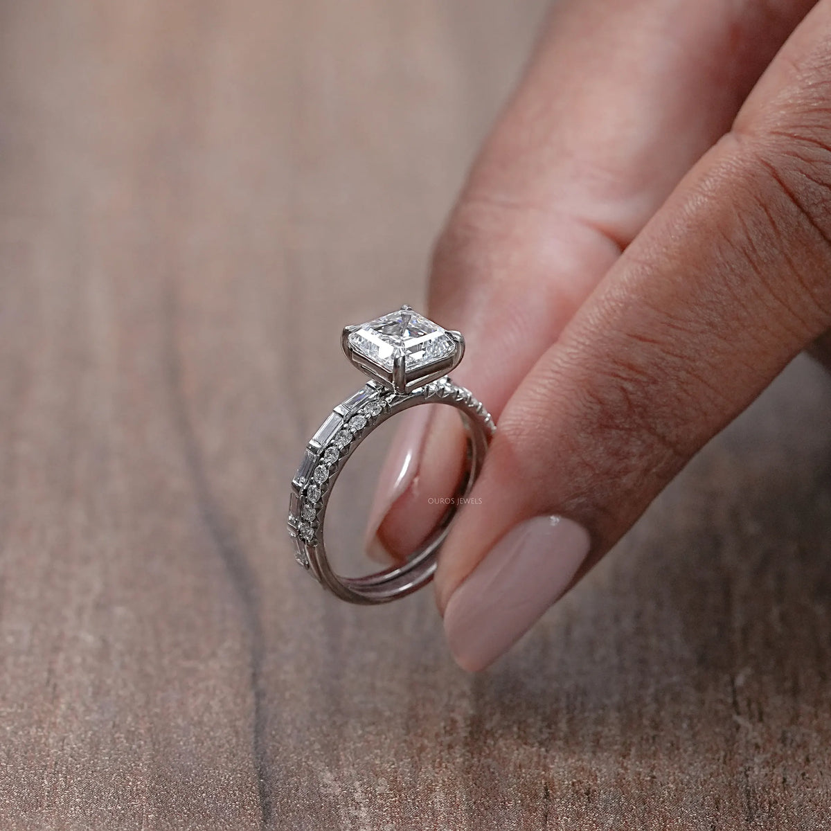 Asscher Lab Diamond Solitaire Accent Bridal Ring Set Rings