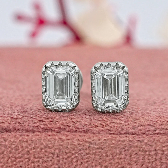 Emerald Cut Lab Diamond Milgrain Set Stud Earrings