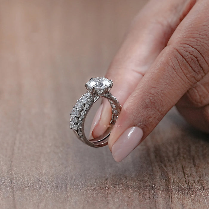 Round Lab Diamond Solitaire Ring With Half Eternity Band Bridal Ring Set