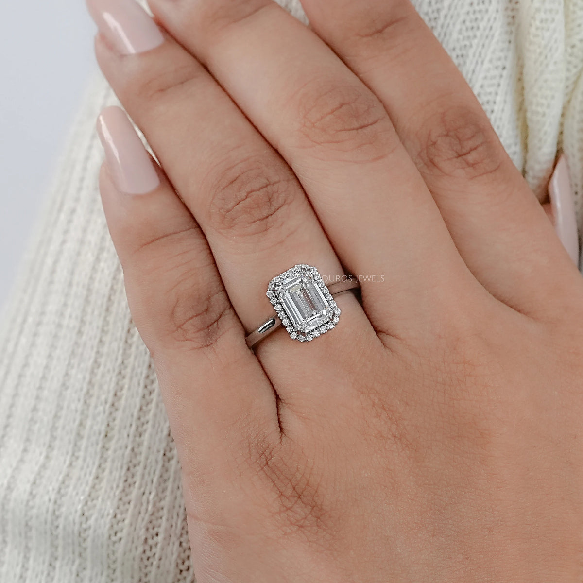 Emerald Lab Diamond Solitaire Halo Engagement Ring Rings