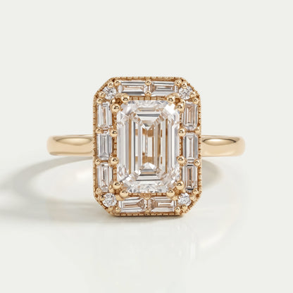 Emerald Diamond Engagement Ring - Baguette Halo Settings Rings