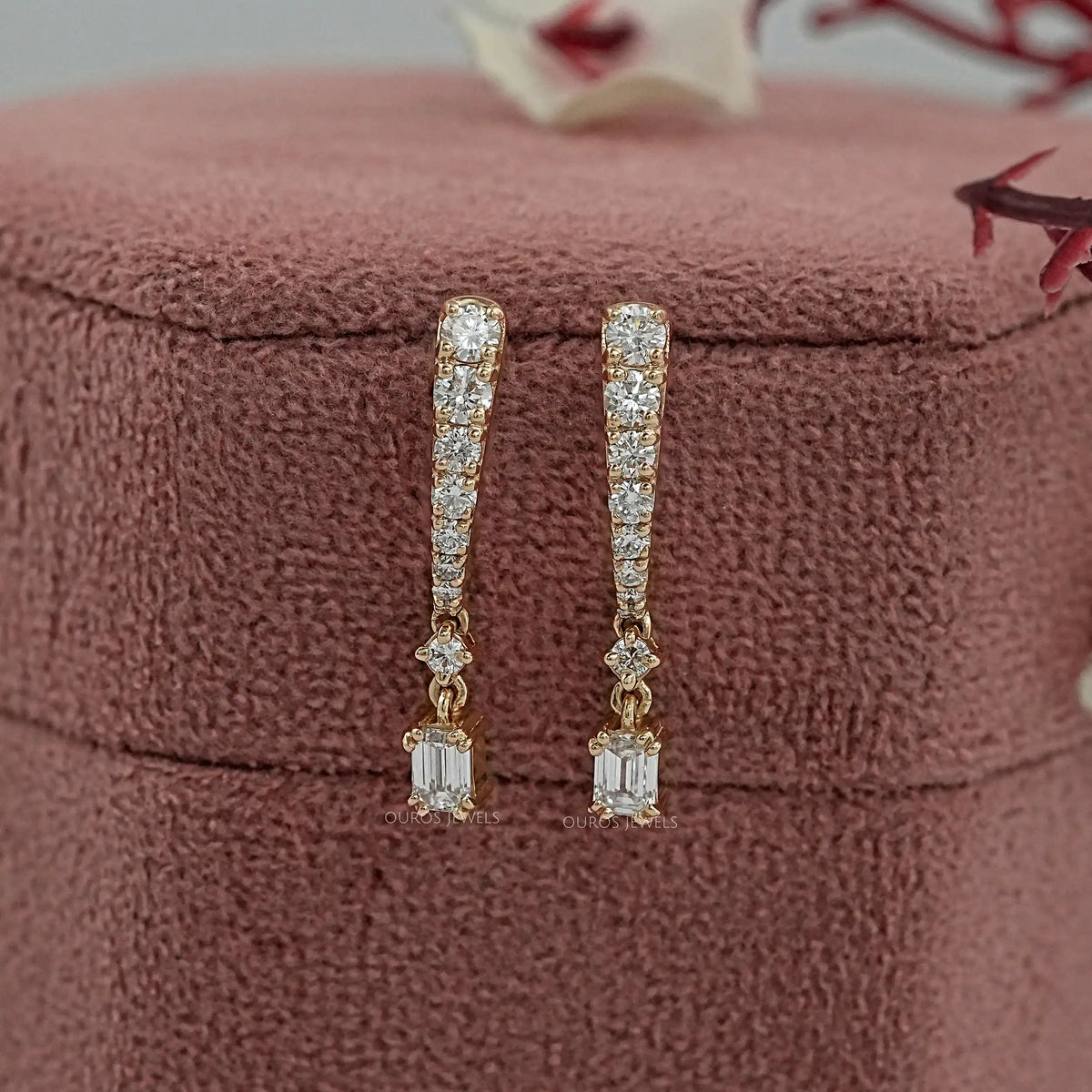 Emerald Drop and Round Cut Diamond Dangle Earring Earring