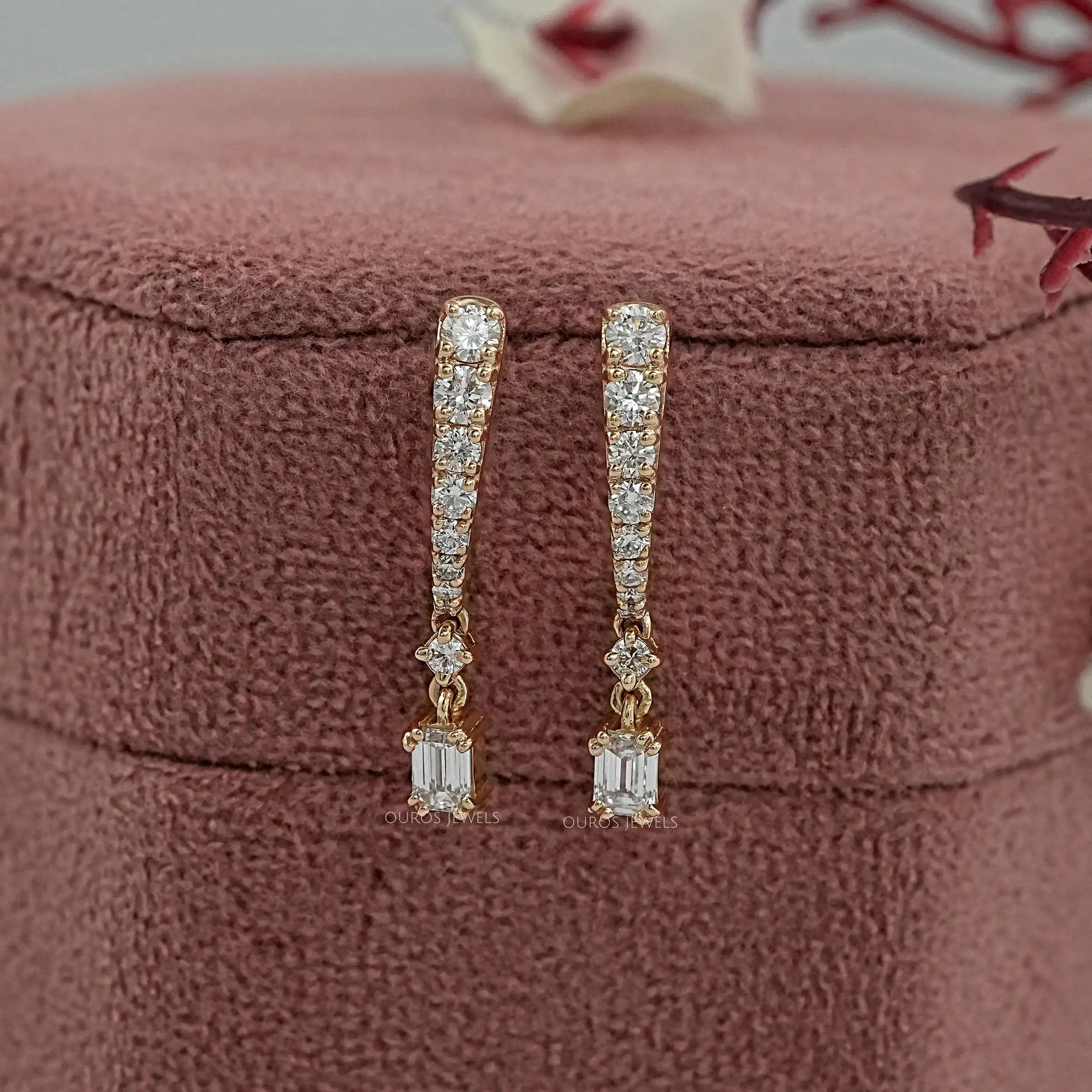 Emerald Drop and Round Cut Diamond Dangle Earring Earring
