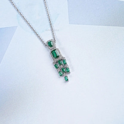 Green Emerald Halo Diamond Chandelier Necklace Set Necklaces