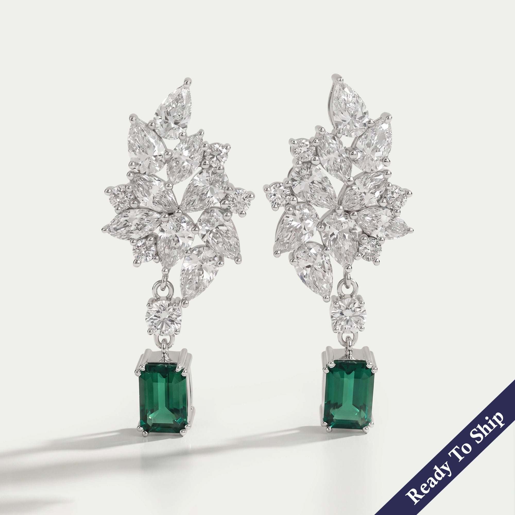 Green Emerald And Lab Diamond Cluster Drop Earrings