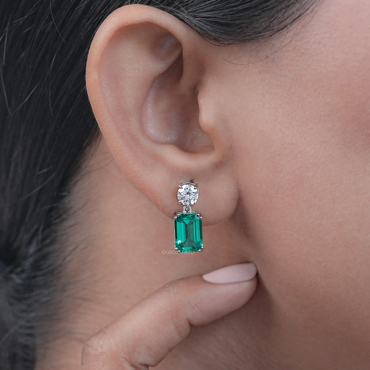 Two Stone Green Emerald And Round Diamond Drop Earrings