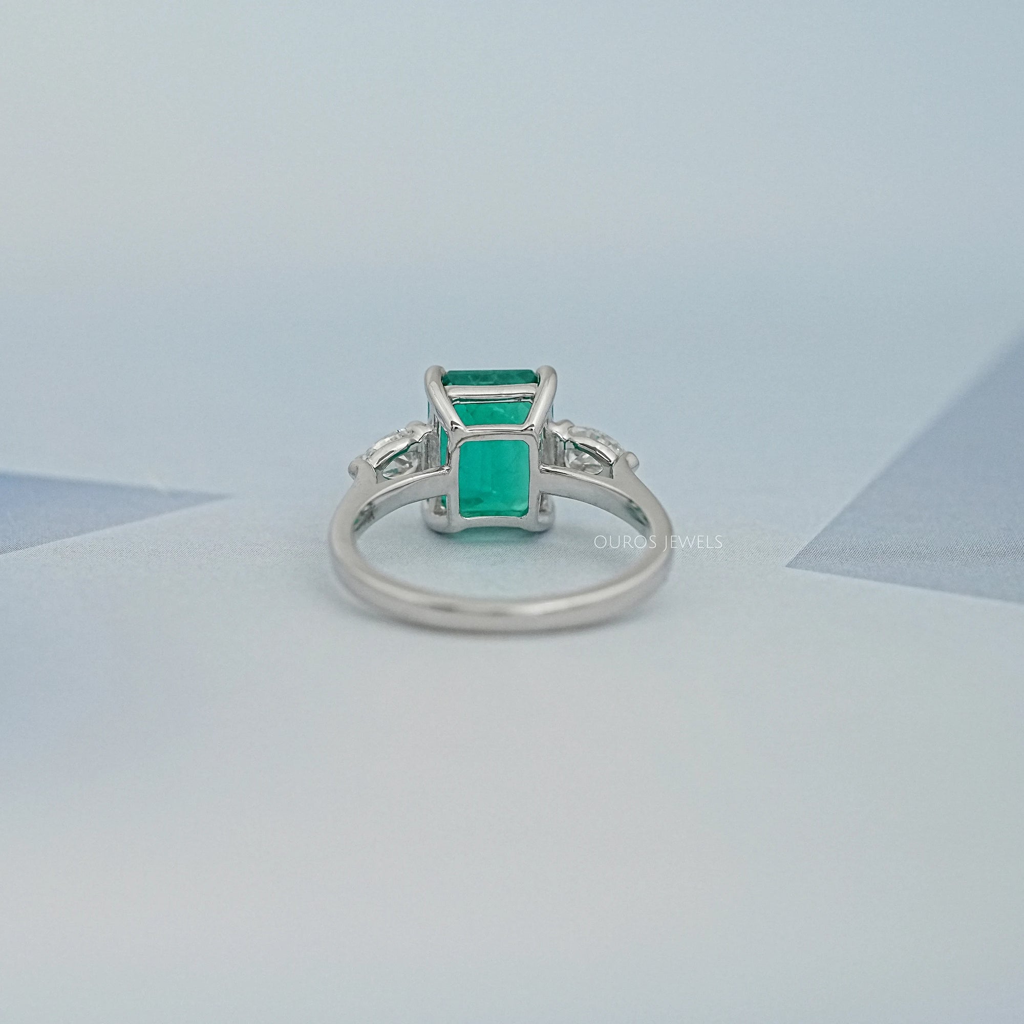 Three Stone Green Emerald Engagement Ring