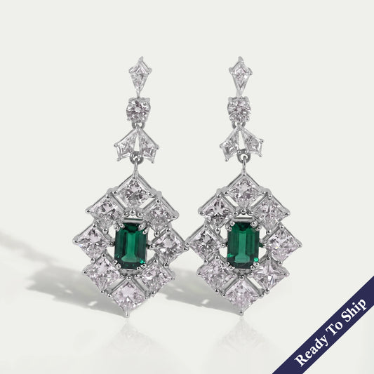 Green Emerald And Princess Diamond Halo Earrings Earrings