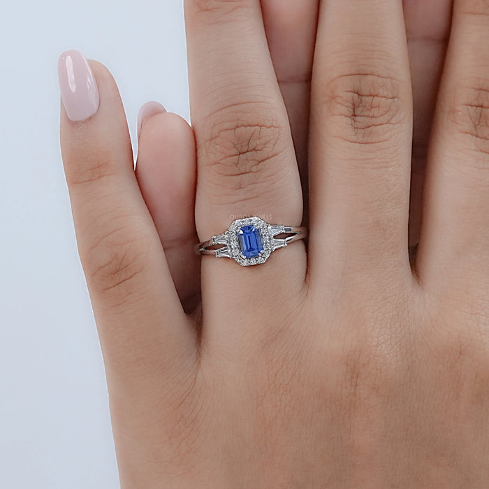 Light Blue Emerald Cut Sapphire And Lab Diamond Halo Split Shank Ring