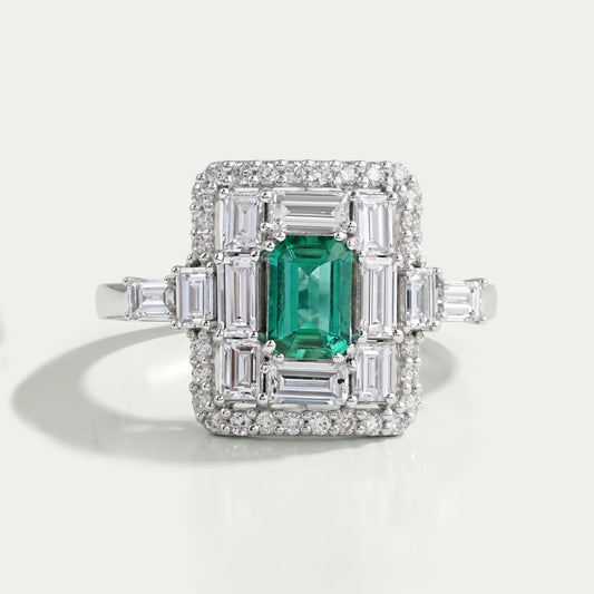 Baguette And Round Halo Diamond Gemstone Ring Ring