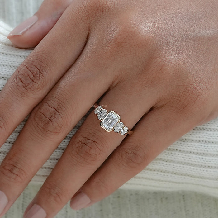 Half Bezel Emerald And Oval Five Stone Engagement Ring