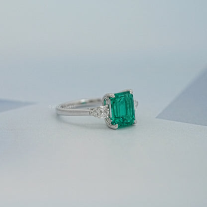 Three Stone Green Emerald Engagement Ring
