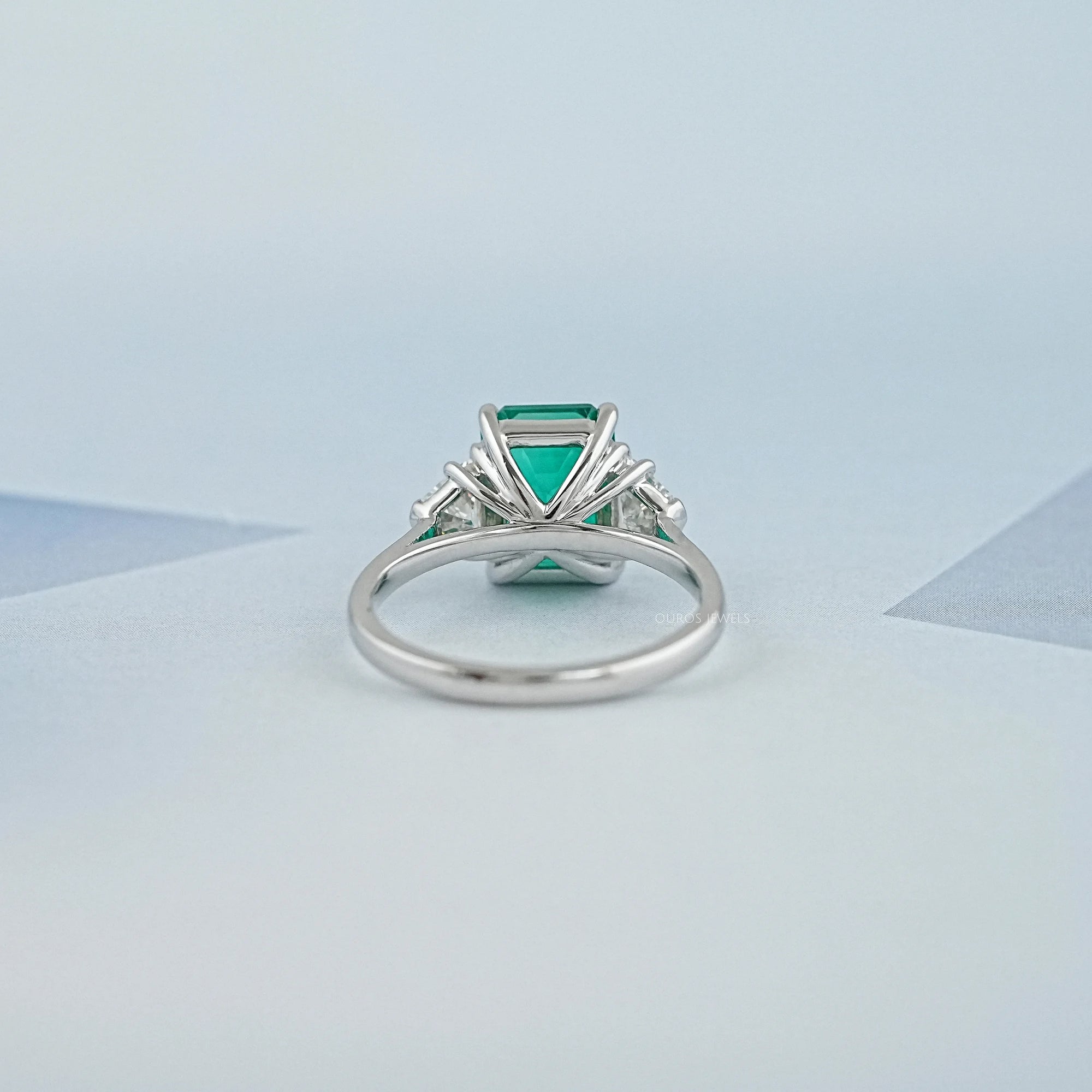 Green Emerald With Antique Diamond Three Stone Ring Ring