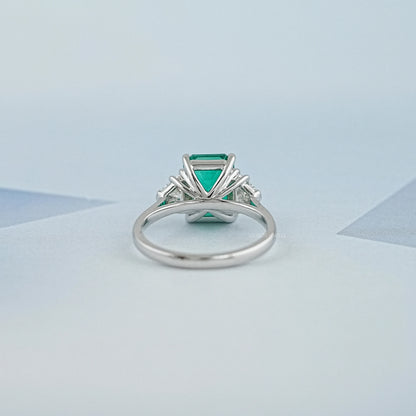 Green Emerald With Antique Diamond Three Stone Ring Ring