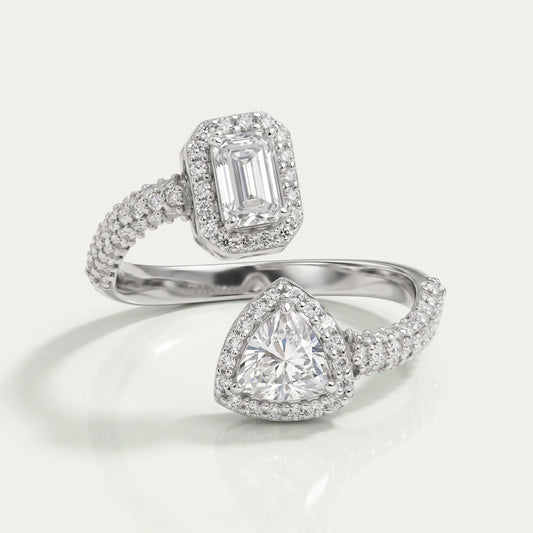 Emerald And Trilliant Cut Halo Lab Diamond Bypass Engagement Ring