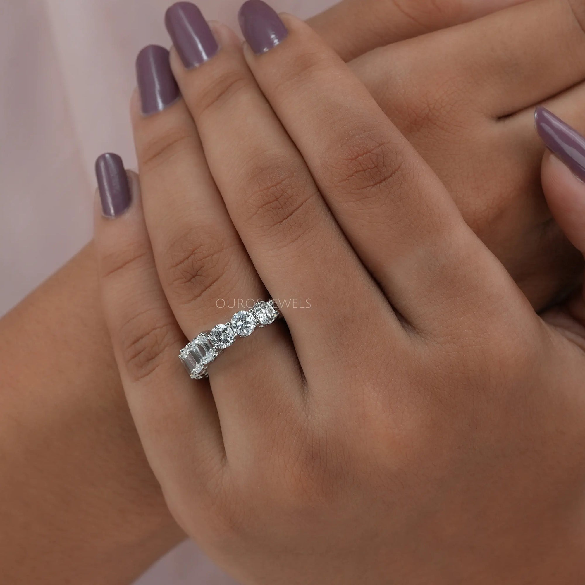 Emerald And Round Cut Diamond Eternity Wedding Band Ring