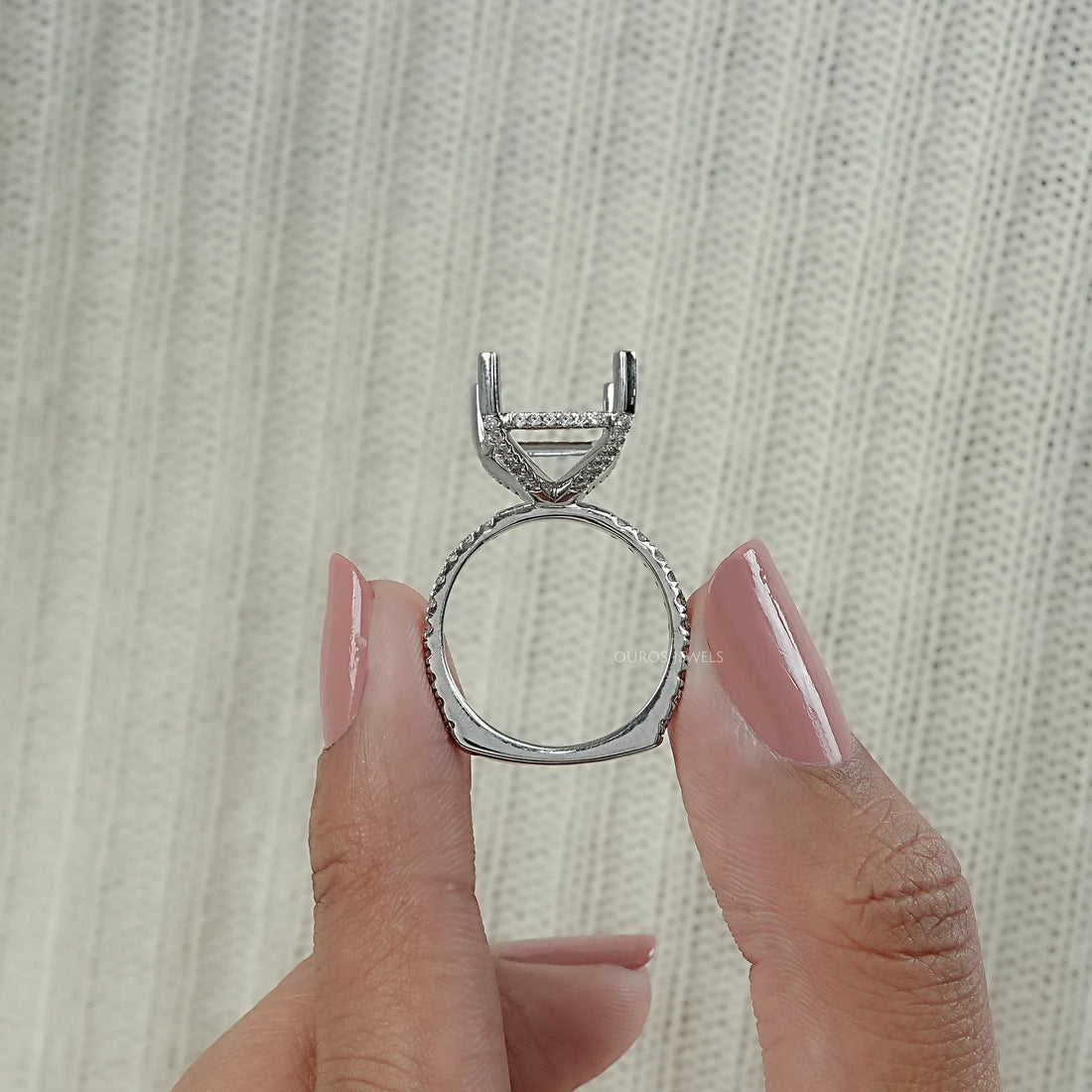 Emerald Shape Hidden Halo Semi Mount Ring Ring