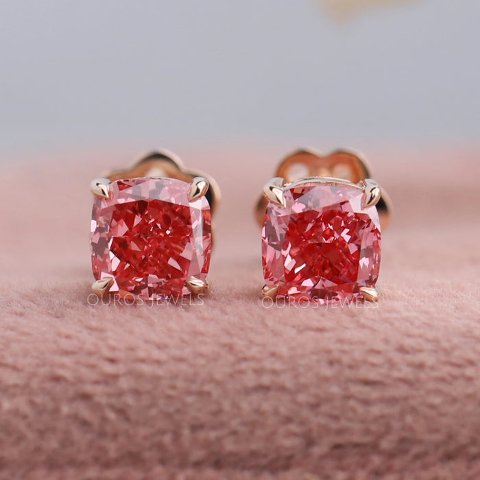Fancy Pink Cushion Cut Diamond Stud Earrings