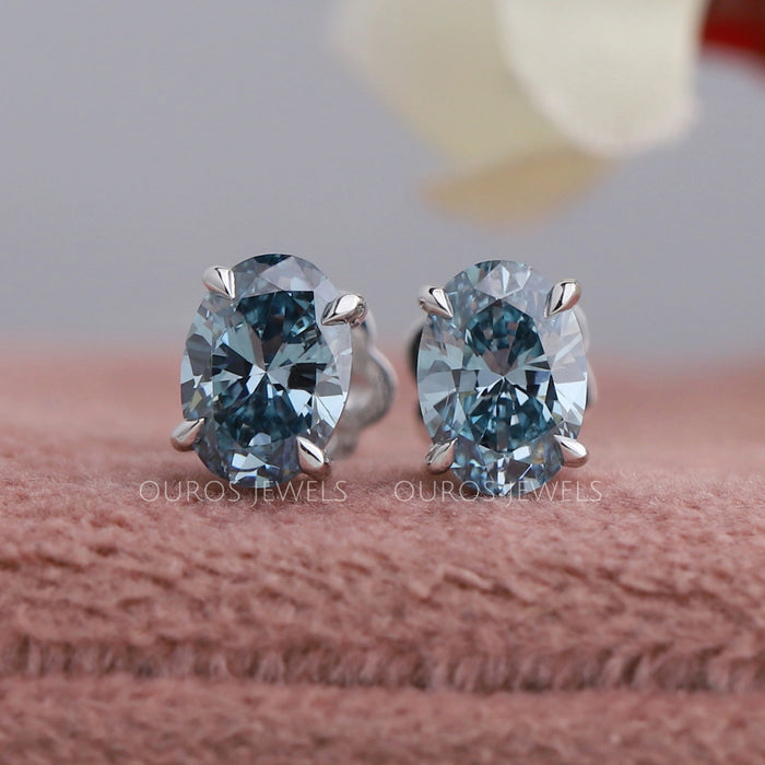 Blue Oval Diamond Solitaire Stud Earrings