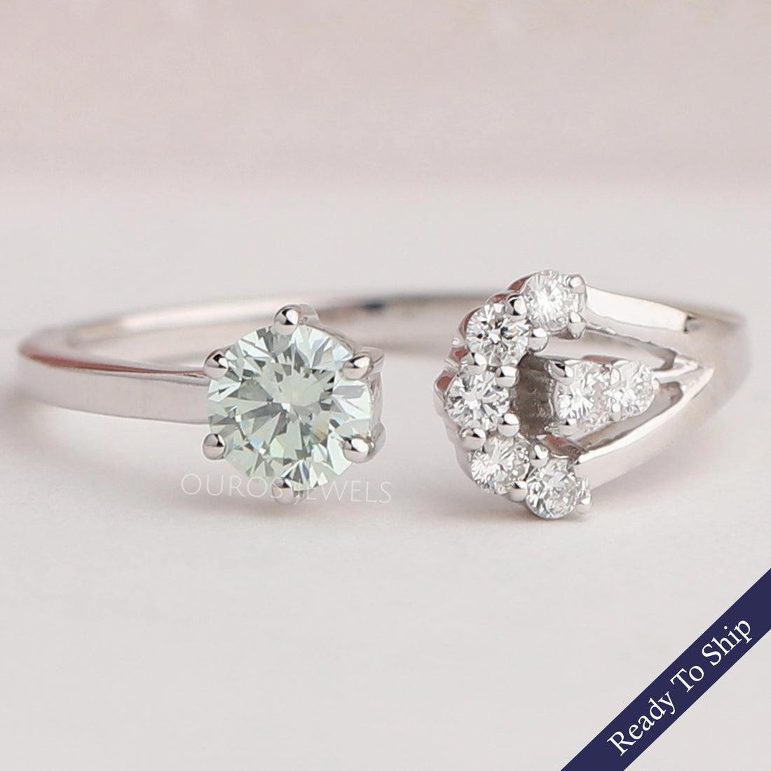 Green Round Diamond Open Cuff Dainty Ring