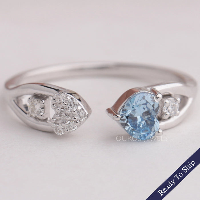 Blue Heart Cut Lab Diamond Open Cuff Dainty Ring