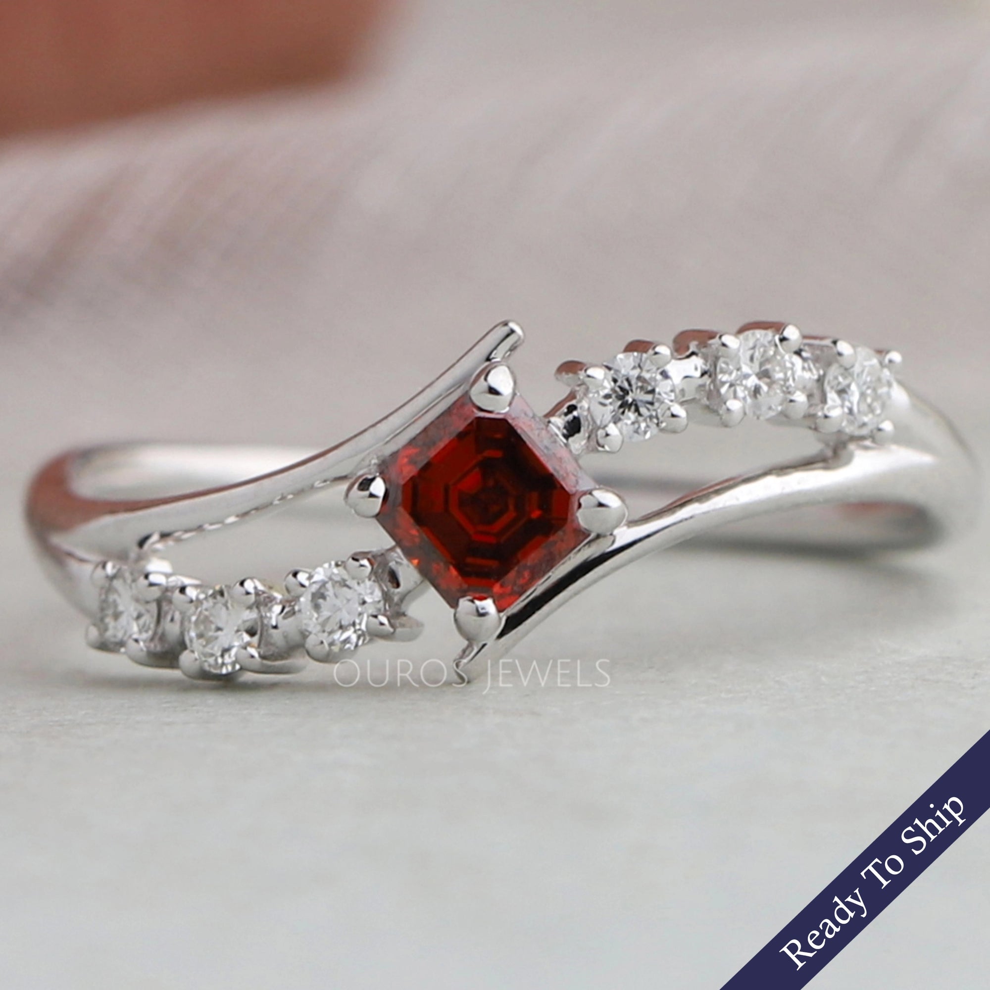 Antique Shape Fancy Red Asscher Diamond Bypass Set Ring