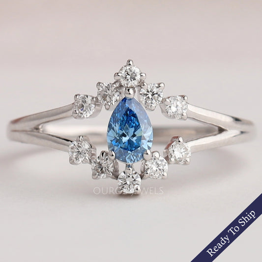 Blue Pear Cut Split Shank Wedding Ring