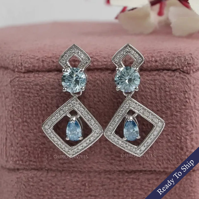 Blue Pear And Round Lab Diamond Drop Earrings