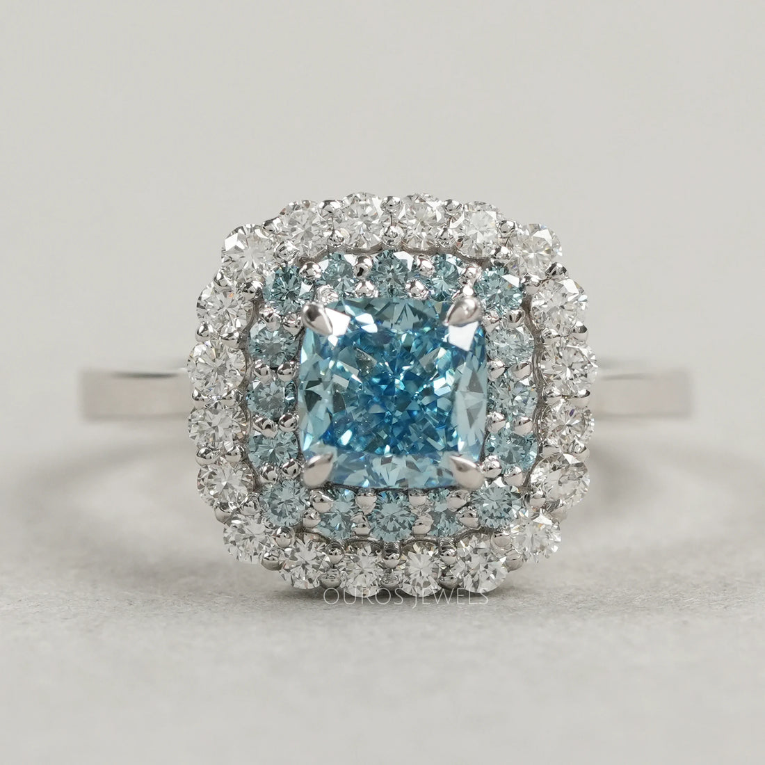 Fancy Blue Cushion Cut Double Halo Lab Diamond Ring Rings