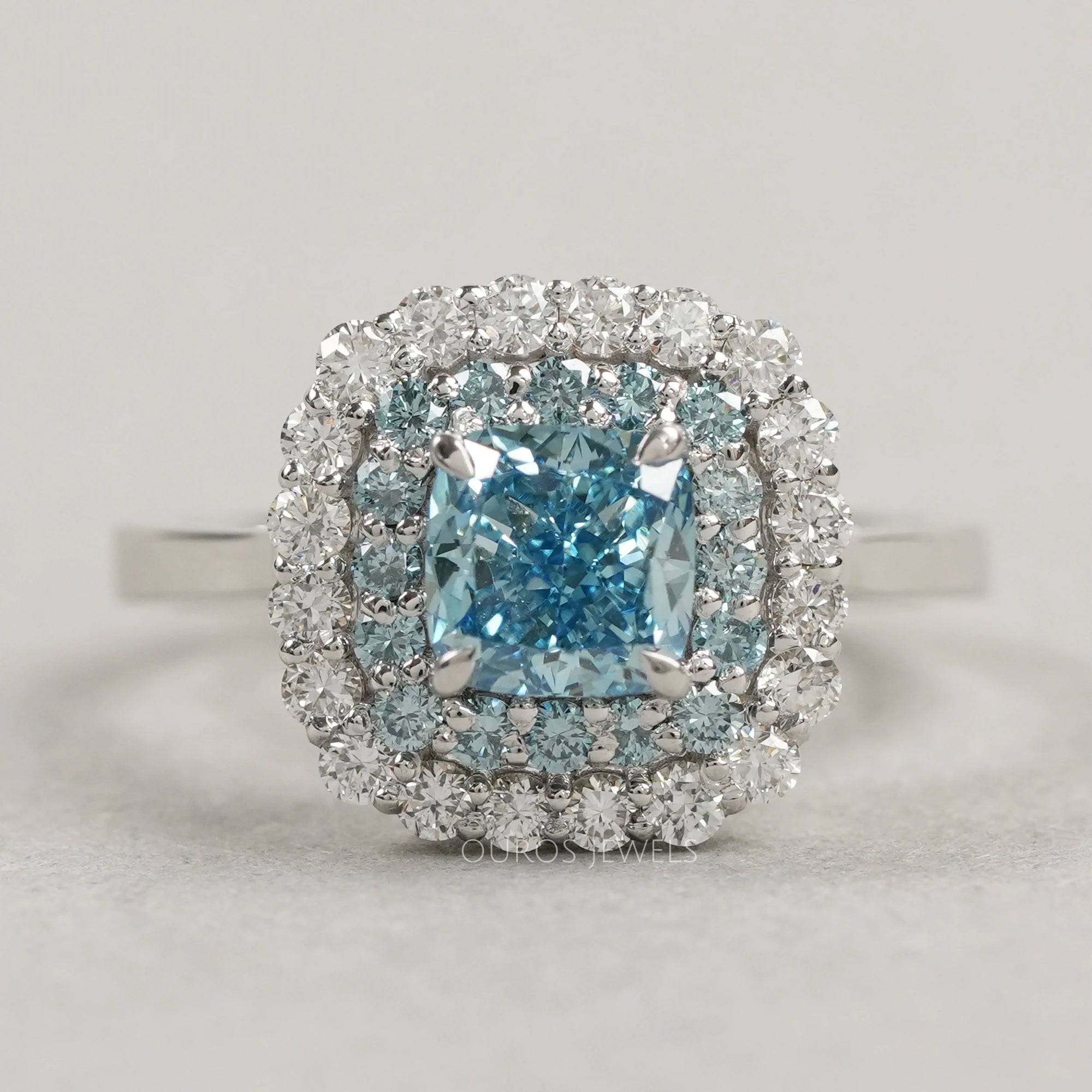 Fancy Blue Cushion Cut Double Halo Lab Diamond Ring Rings