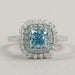 front view of fancy blue cushion cut lab diamond double halo wedding ring