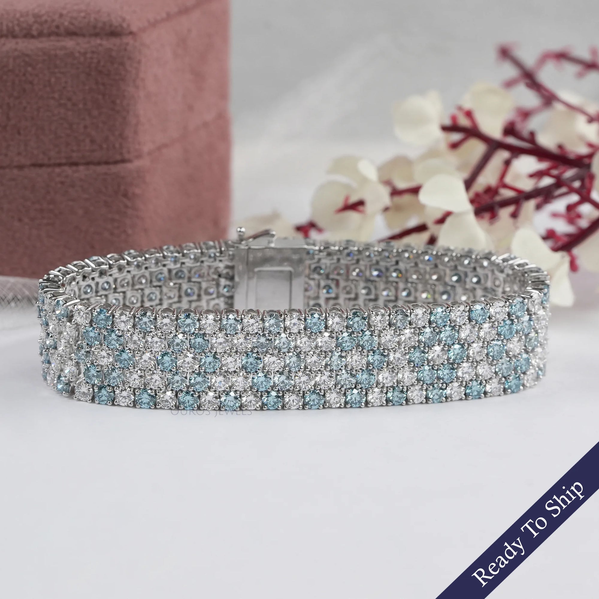 Blue Round Lab Diamond Wide Bracelet Bracelet