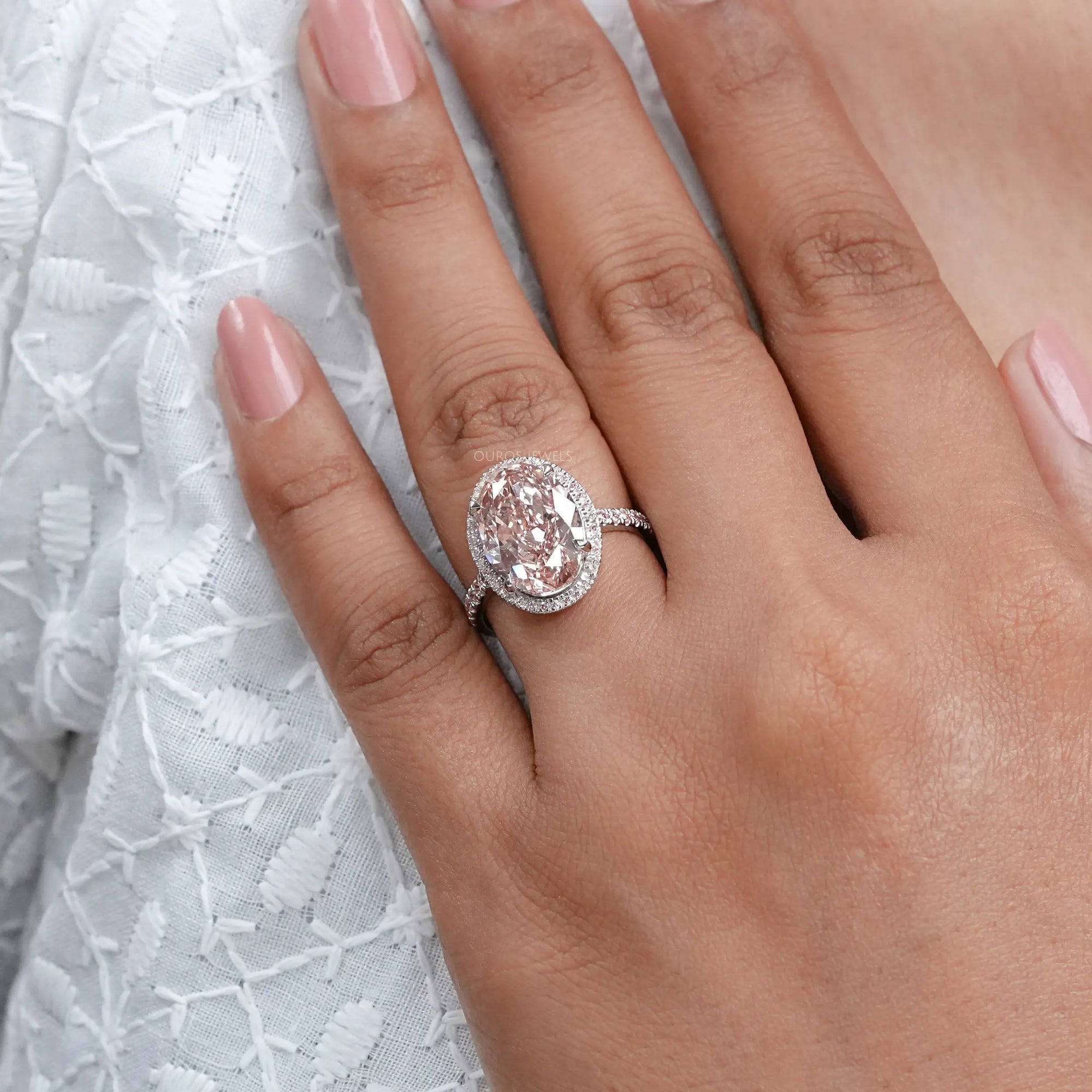 Fancy Pink Oval Cut Lab Diamond Halo Engagement Ring Ring